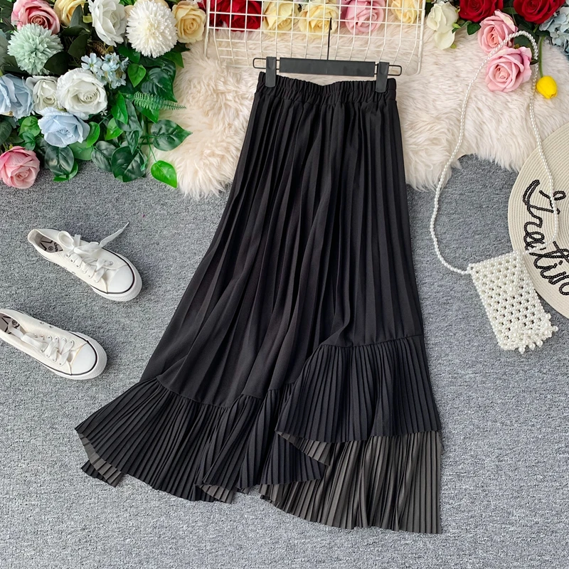 Женская плиссированная юбка осень весна сшивание Европа высокая талия юбки в стиле пэтчворк женские Faldas женская одежда LS197 - Цвет: Black