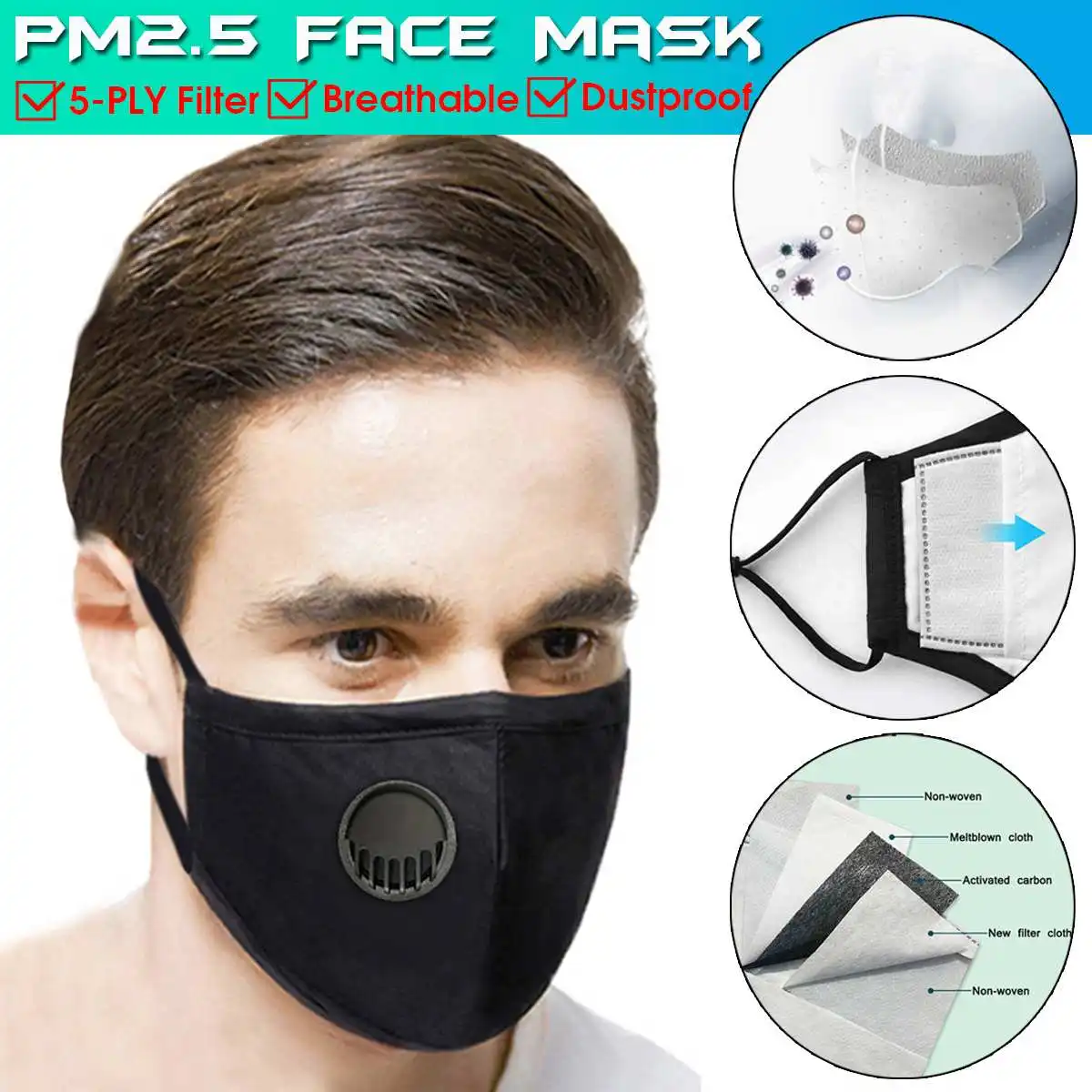 

PM2.5 Filter Face Mask with Breathing Valve Bacteria Proof Anti Dust Activated Carbon Filter Respirator Washable Mouth Mask