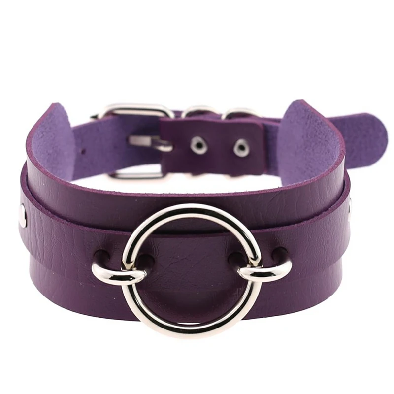 Кожаный круглый чокер, Воротник для женщин, Веганский кожаный чокер, ожерелье с регулируемой пряжкой, связывание, готическое модное ювелирное изделие - Окраска металла: Purple