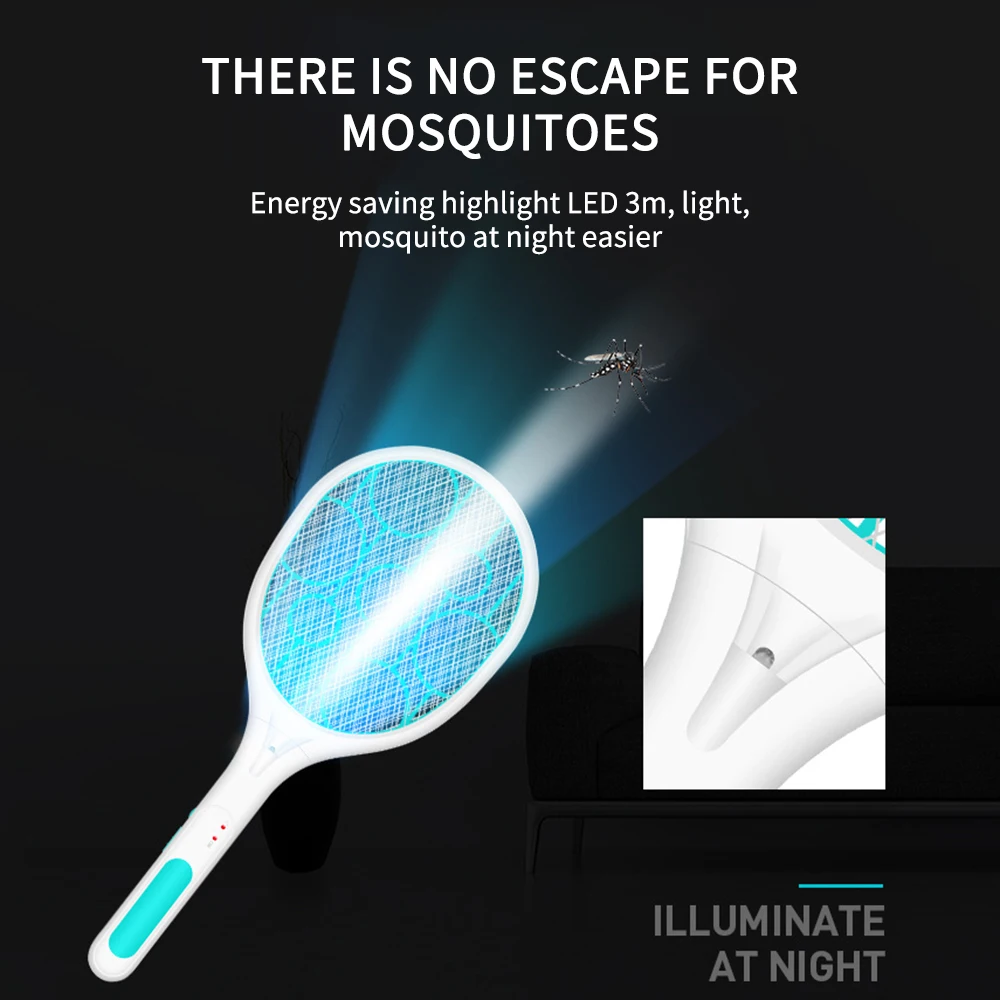 Mosquito Swatter Killer Led Light Tennis Bat Hand Held Racket