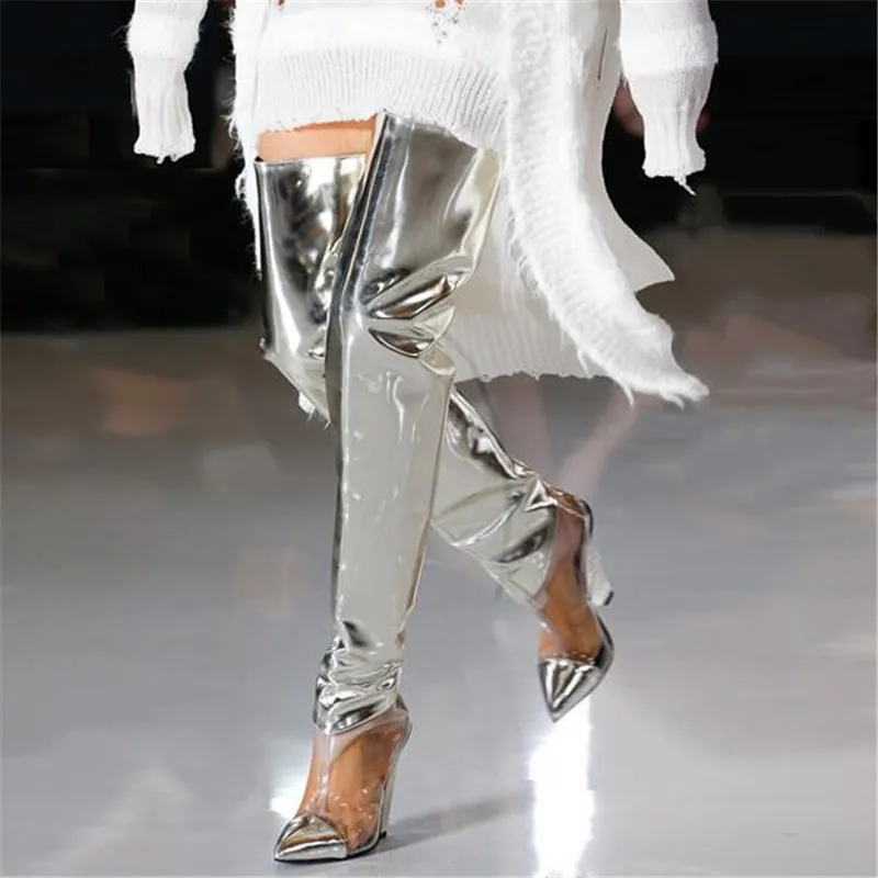 

2019 Fashion PVC Patchwork High Heels Over The Knee Boots Women Runway Designer Silver Thigh High Boots Pointed Long Boots Women