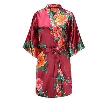 

Women Summer Sexy Satin Silk Short Kimono Vintage Style Bathrobe Comfortable Printed Peony Soft Daily Casual Nightwear