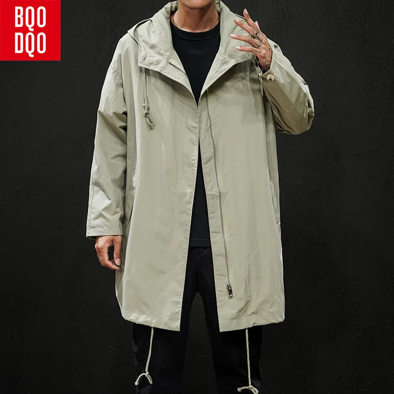 

BQODQO Drawstring Thin Casual Long Coat For Men Autumn Button College Jacket and Coats Men's Black Japanese Streetwear Clothing