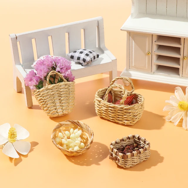 1/12 Scale Dollhouse Furniture Storage Basket Vegetable Food Hand-woven Iron Frame Dollhouse Miniature Decoration Kids Gift 4