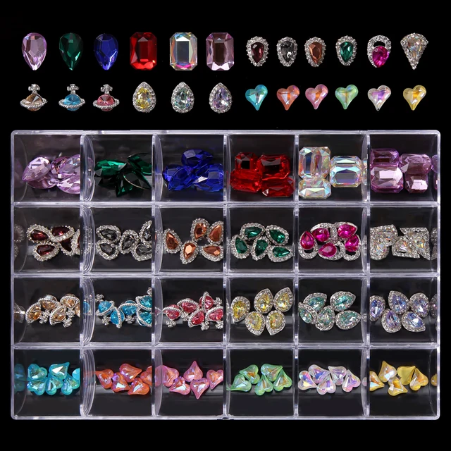 Oversized 120Pcs Nail Charms Gems Rhinestone with box Nail Art Charm Gem  Kit-3D Crystal AB Rhinestones, 24K Gold Nail Diamond 1 Box