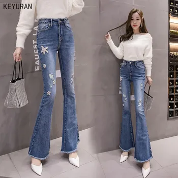 

Women Ripped Denim Pants Elastic Waist Flare Jeans Women Hole Diamonds Casual High Waist Burr Flare Bell Bottoms Blue Mom Jeans
