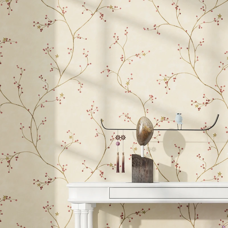 

Style American Rustic Cherry Wall Paper Green Blue Purple Red Non-woven Wallpaper Roll For Living Room Bedroom Background Walls