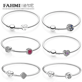 

FAHMI 100% 925 Sterling Silver RADIANT HEARTS BIRTHSTONE Charm Geometrische Lijnen Thanks You Bead Night Sky Charm Bangle Set