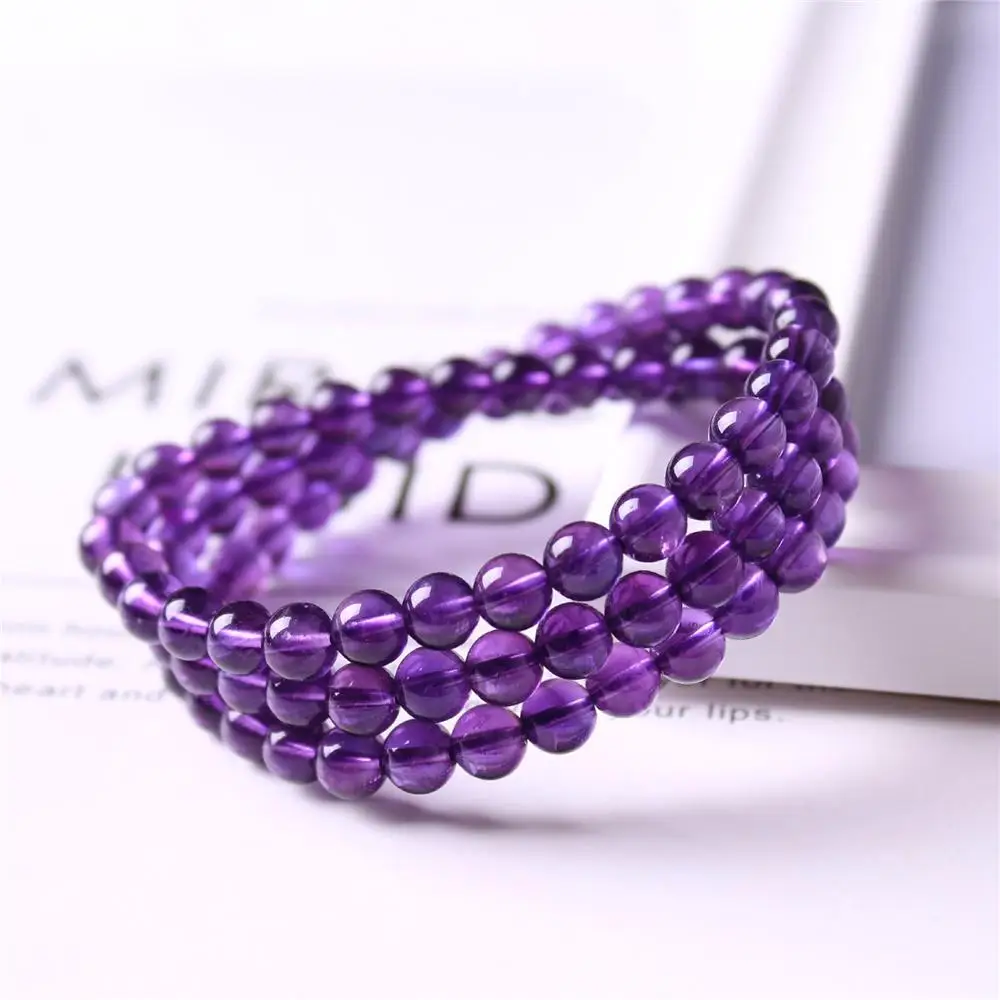 

5mm Genuine Natural Purple Amethyst Bracelet For Women Man Power Uruguay Quartz Three Laps Round Beads Fashion Jewelry AAAAA