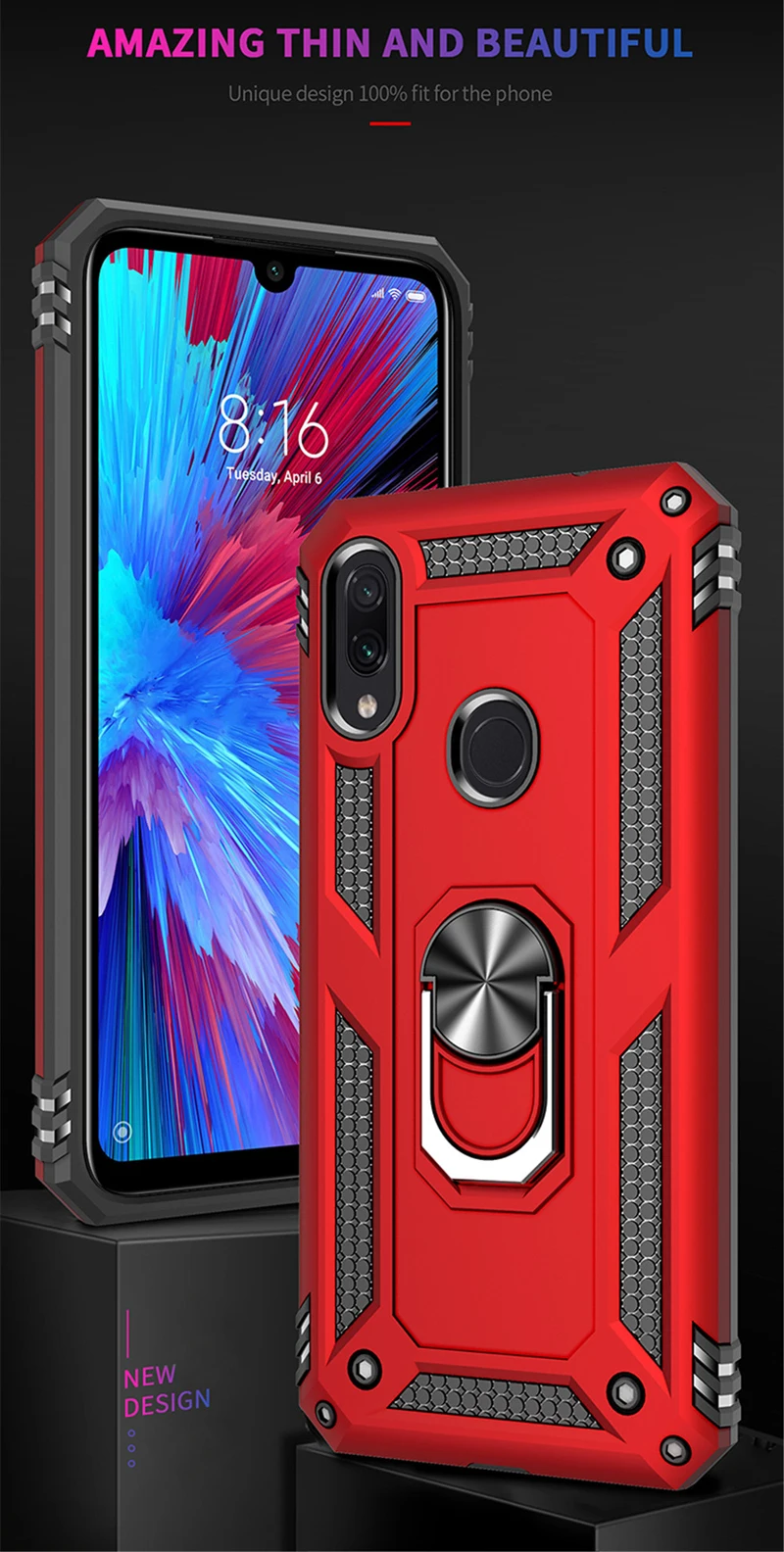 Роскошный чехол с магнитным кольцом для Xiaomi Redmi Note 7, Прочный противоударный чехол с подставкой, Твердый Чехол для Xiaomi Redmi Note 7 Pro, чехол