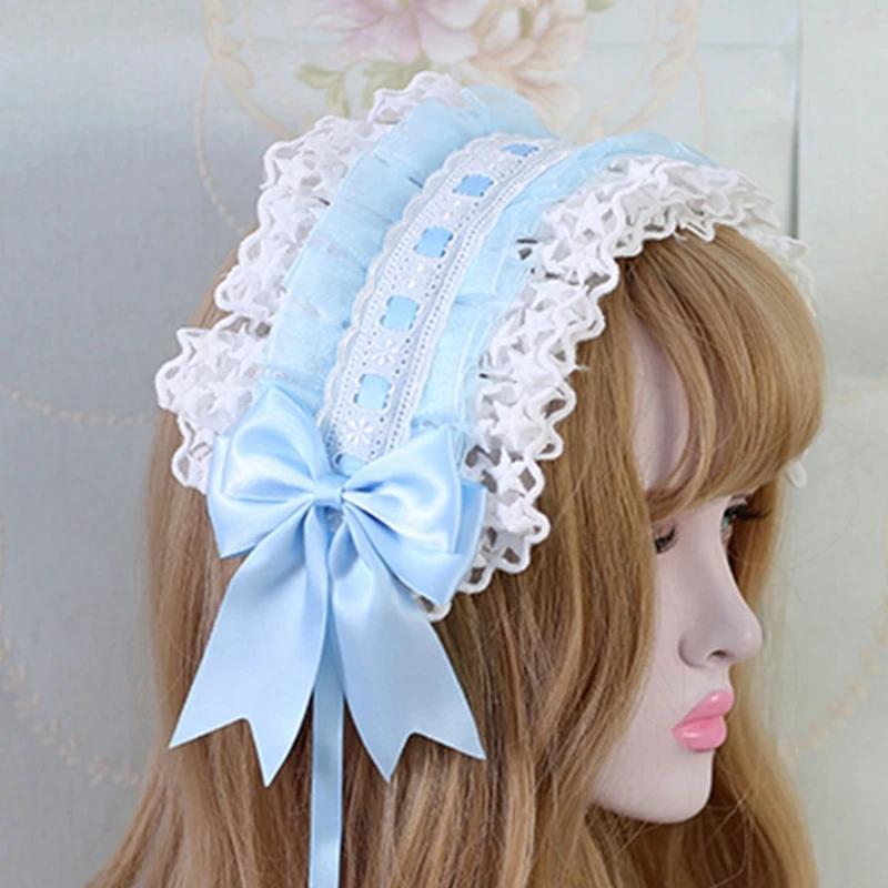 Lolita Ruffled Headband Sweet Star Embroidery Lace Ribbon Bow Hairband with Hairpins Anime Maid Cosplay Headdress