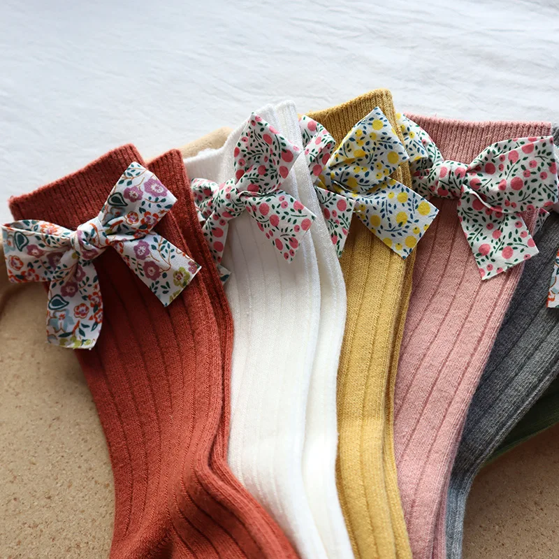 Toddlers Baby Girls Socks Floral Bows Knee High Long Sock Soft Cotton Stripe Children Socks Princess Style For 0-5 Years Kids