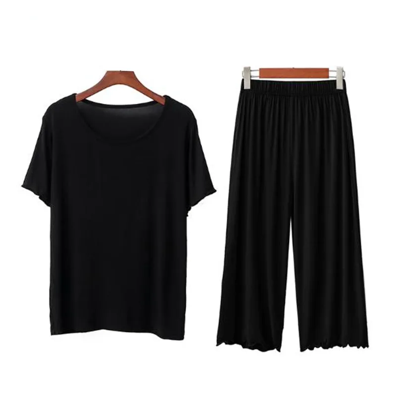 

Loose large size pijamas women short sleeve cropped trousers sleepwear set modal cotton pajamas for female fat mm pyjamas suit
