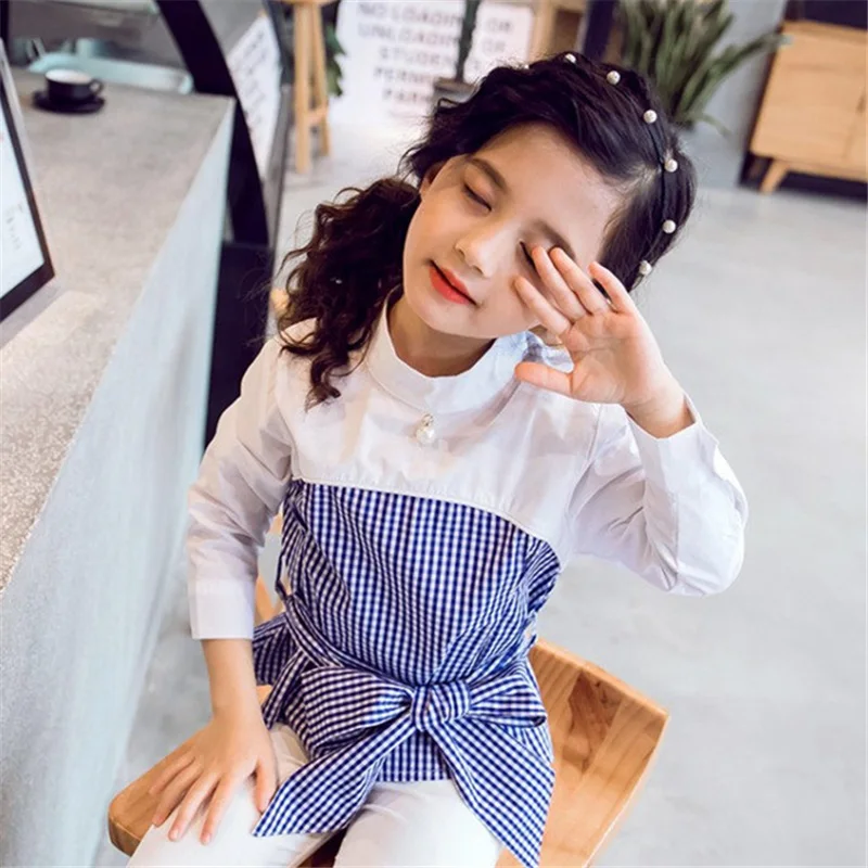 

Kids Outfits For Teenage Girls Long Sleeve Patchwork Clothes Girls School Big Bow Plaid Ruffles Shirts Fashion Children Clothing