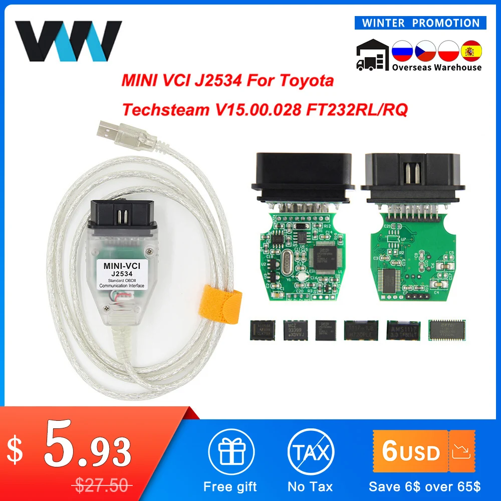 Для Toyota mini vci TIS Techstream V15.00.028 minivci FTDI для J2534 OBD OBD2 автомобильный диагностический
