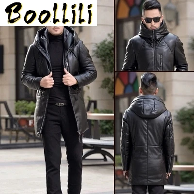 

Boollili Men's Leather Jacket Winter Duck Down Coat Male Warm Long Second Layer of Sheepskin Hood jaqueta de couro