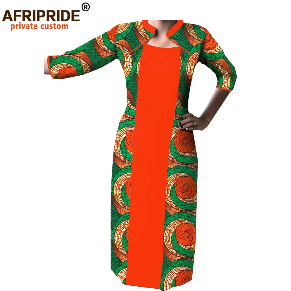 spring african dresses for women AFRIPRIDE three quarter sleeves mid-calf length straight casual cotton dress A7225120 | Женская одежда