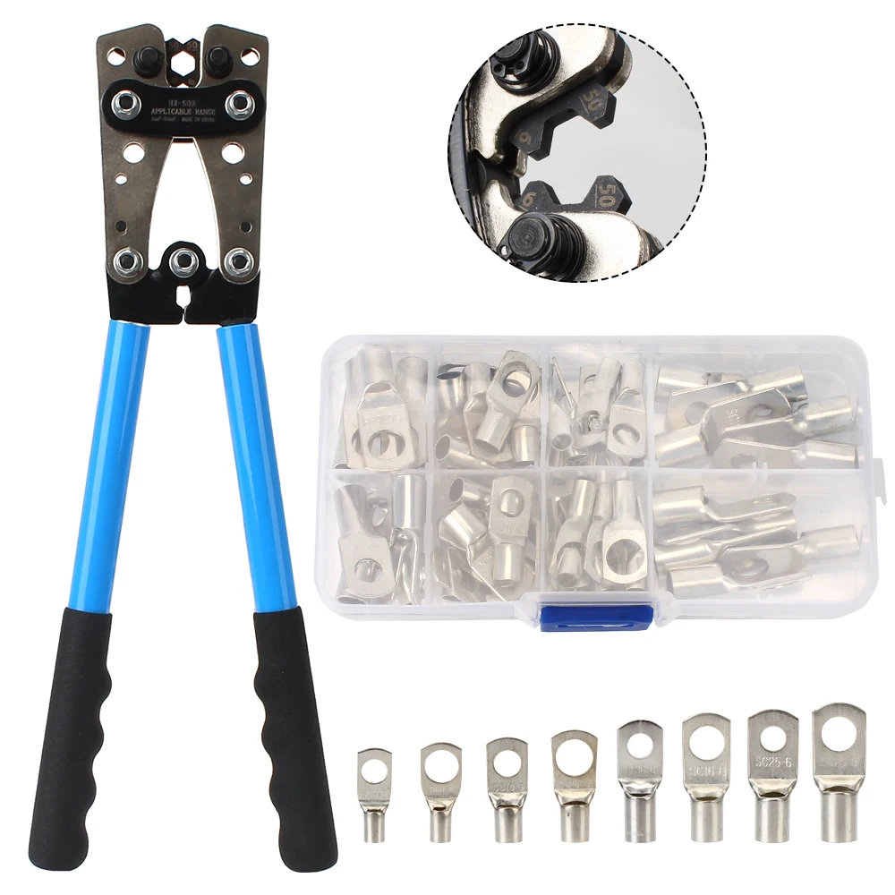 Battery Terminal Wire Crimp Connector 60pcs Auto Copper Ring Terminals HX 50B Crimping Pliers
