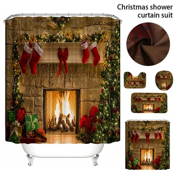 

Christmas Shower Curtain Shower Curtain Three-Piece Set Merry Christmas Decor For Home Santa Claus Shower Curtain Waterproof Mat