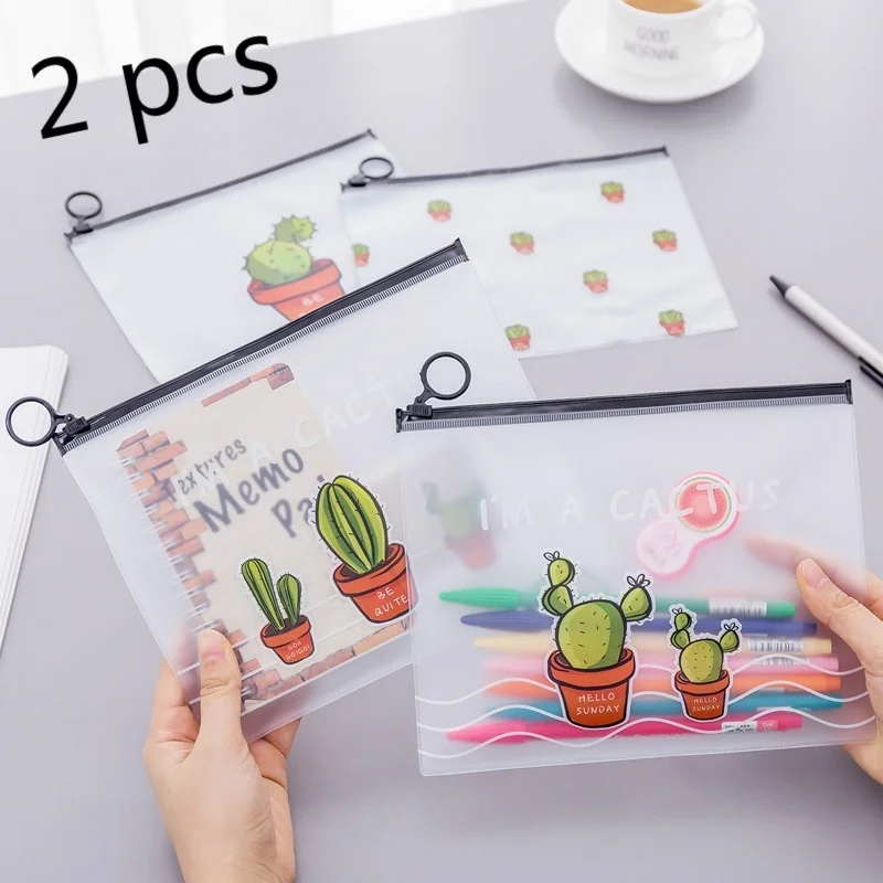 

2 Pcs Small Fresh Transparent Cactus Ring Storage Bag for Children Large Capacity Students Stationery Storage Bag PVC Waterproof