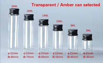 

100PCS 5/8/10/14/16/20/25ml Clear/ Amber Color Glass Bottle Vial Jars With Black Cap DIY Wedding Home Decor Storage Jars Bottles