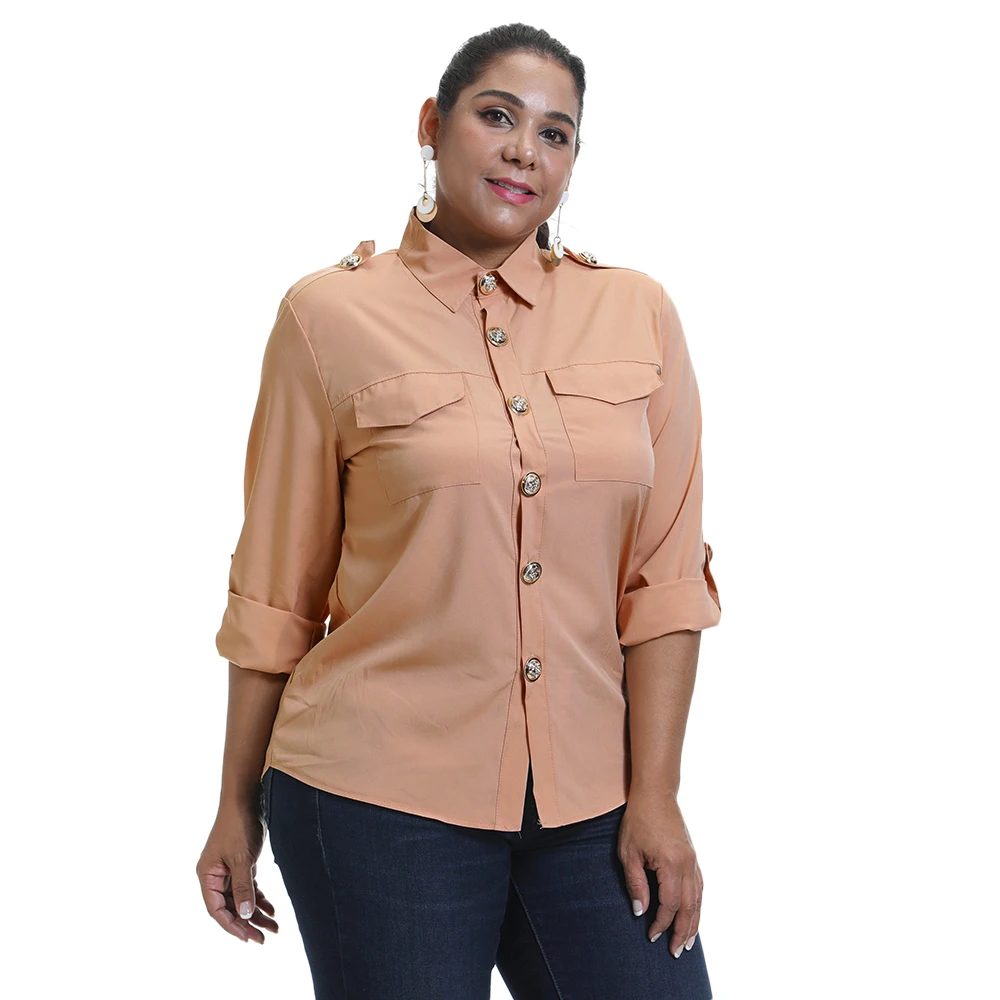 6XL, военный Топ, Женская Повседневная блуза на пуговицах, женская блуза размера плюс, женские рубашки с карманом, блузка для офиса, женская блузка D30