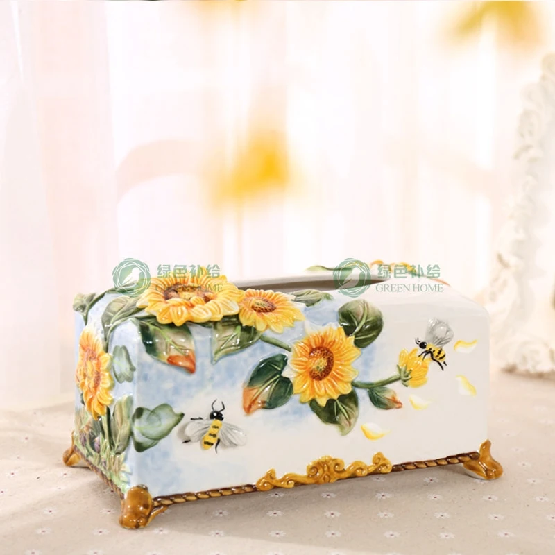 

ceramic sunflower tissue box Case home decor crafts room decoration paper holder ornament porcelain figurines wedding decoration
