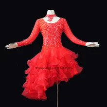 Kobiety z długim rękawem Latin Dance Dress nieregularne plisy Swing spódnica łacińska sukienka do tańca towarzyskiego Spandex Dancewear
