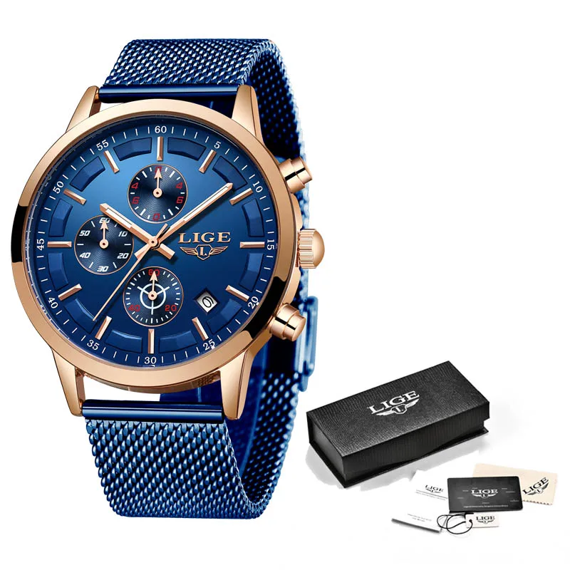 All blue Relogio Masculino LIGE новые модные мужские s часы лучший бренд класса люкс кварцевые часы мужские повседневные тонкие сетчатые стальные водонепроницаемые спортивные часы - Цвет: All blue