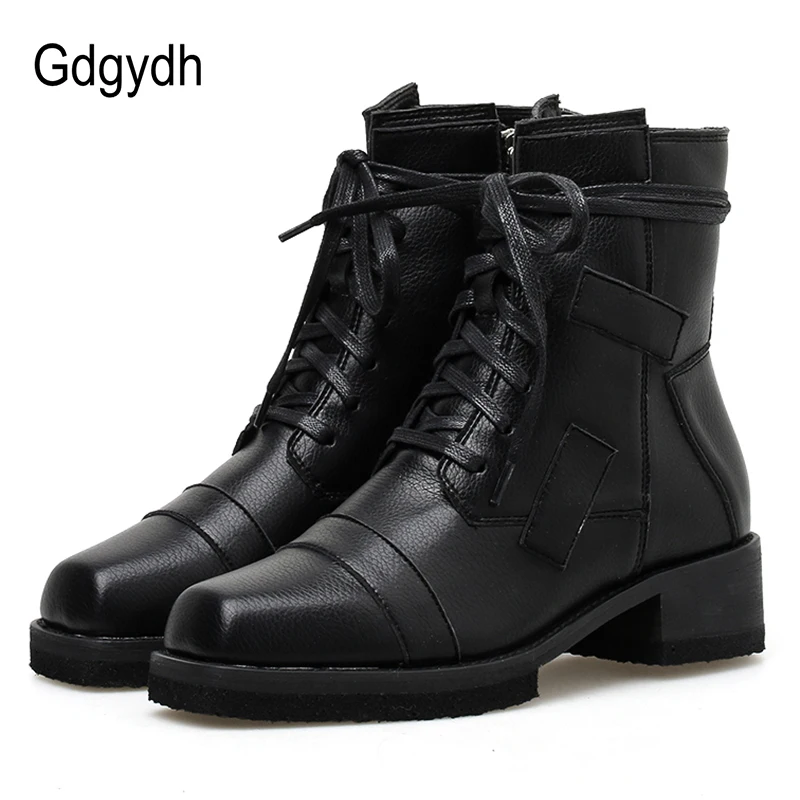 

Gdgydh New Arrival Spring Motorcycle Boots Autumn Punk Boots Lacing Shoes Square Toe Mid Heel Gothic Black Leather Good Quality