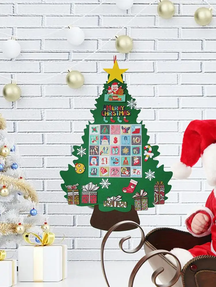 Arbre De Noël En Feutre 100x70 Cm – 32 Décorations Velcro Amovibles, Mural, Porte, Cadeau Enfant