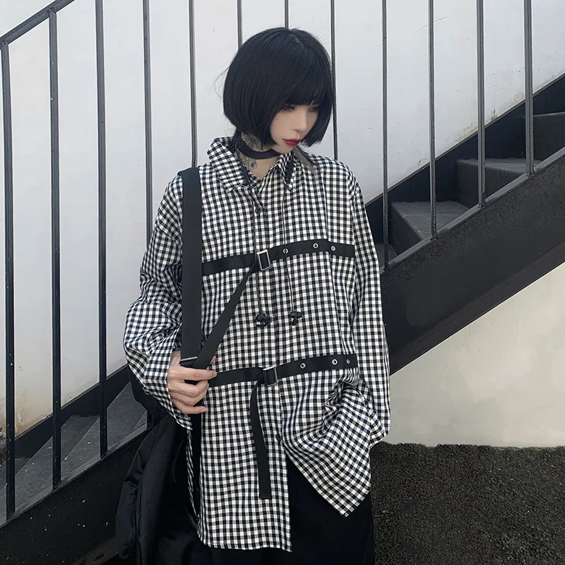 DARK 2020 Autumn Korean Ins Harajuku Style Dark Black And White Plaid Personalized Webbing Design Loose Long-sleeved Shirt