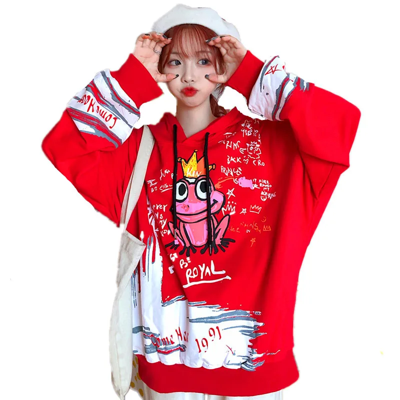 

Autumn Winter Ladies Plus Velvet Hoodie Cartoon Prince Of Frog Print Pullover Drop Shoulder Sleeves Oversized Loose Sweatshirt