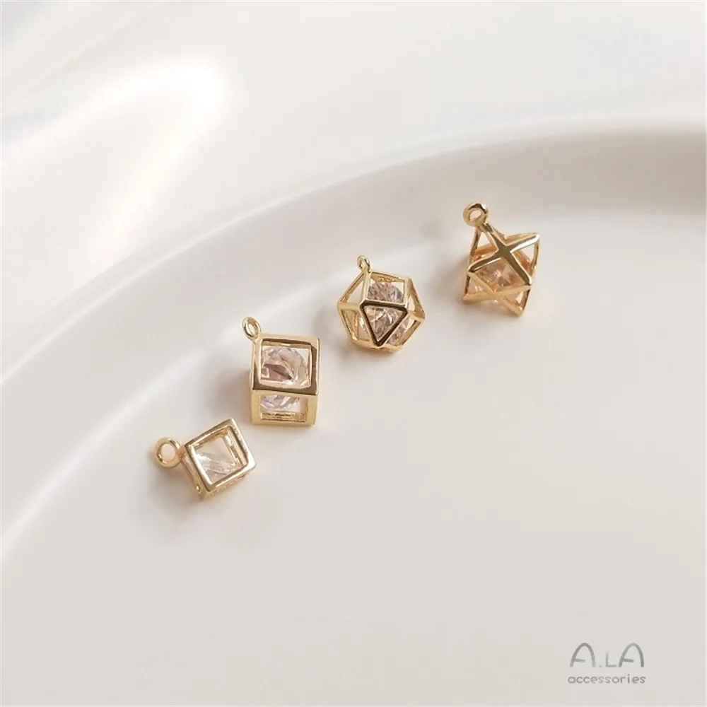 

14K Gold Filled Plated Brass Zircon Crystal Three-dimensional Square Pendant Smart Pendant DIY Earpiece Necklace Pendant