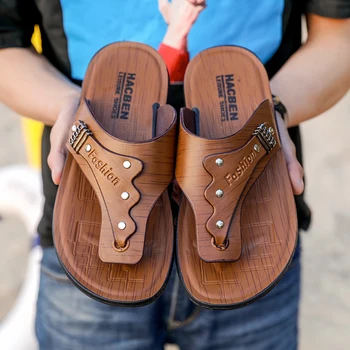 

Solid Leather Flip Flops Men Comfortable T-strap Open Toe Sandals Men Summer Rome Flip Flop Chinelo Masculino Beach Slipper