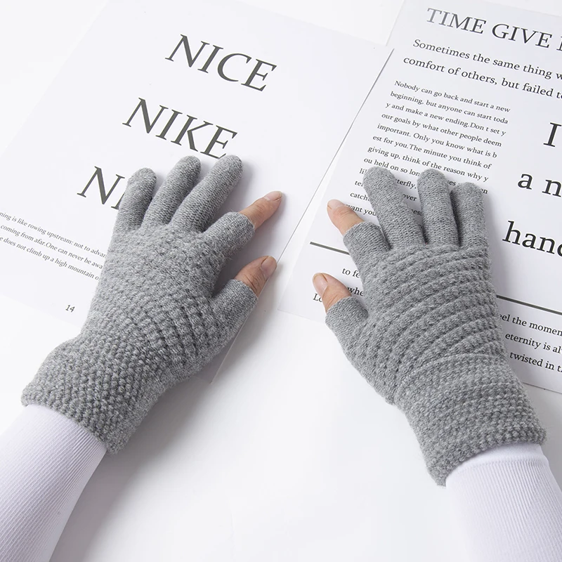 Unisex Knitted Full Finger Gloves Solid Touch Screen Mittens Two Fingers Exposed Thick Winter Warm Cycling Driving Gloves