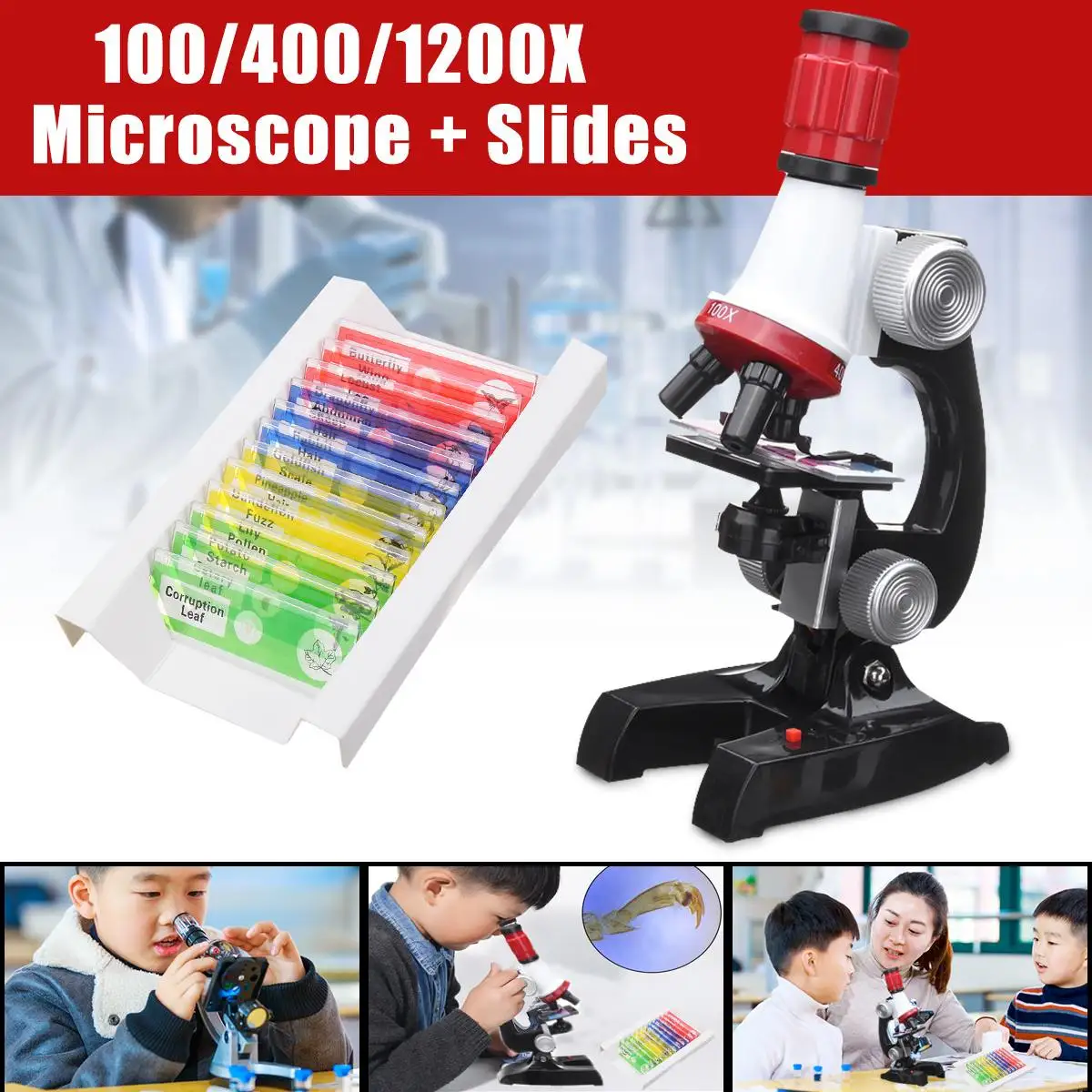 Zeast Kids Toy Monocular 100X 400X 1200X Microscope+12x Prepared Microscope Slides Plant Animalia Specimen Biology Educational