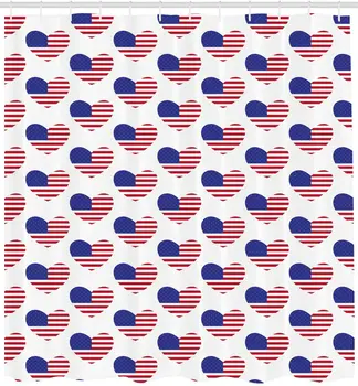 

4th of July Shower Curtain Pattern with American Flags in The Shape of Heart Love of Nation Fabric Bathroom Decor Set with Hooks