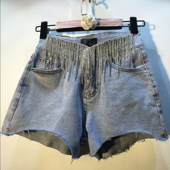 

Rhinestone tassel high waist jeans shorts women summer new A-line wide leg denim shorts