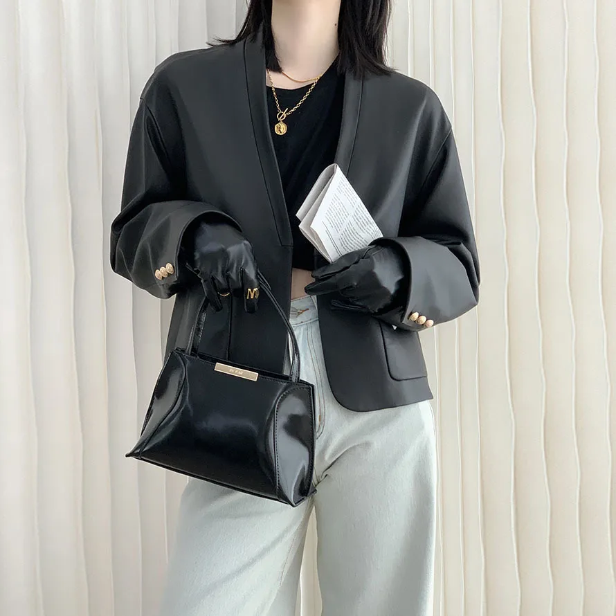 new autumn winter leather women sheepskin v-neck jacket retro small suit genuine leather coats natural sheepskin high quality