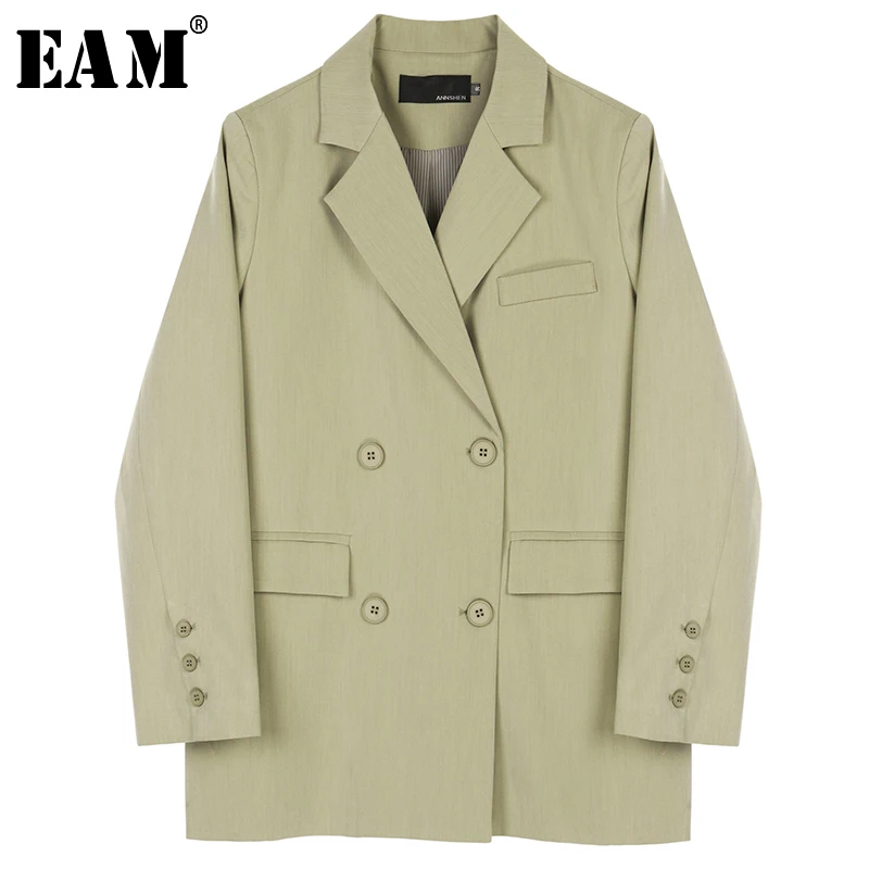 

[EAM] Women Green Double Breasted Big Size Blazer New Lapel Long Sleeve Loose Fit Jacket Fashion Tide Spring Autumn 2019 1B438