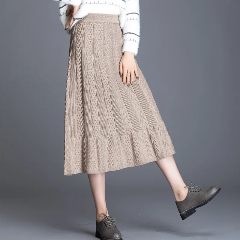 

#0237 Winter Knitted Skirts Women Beige Black Grey Korean Style Stretch High Waist A-line Knitted Skirts Office Midi Skirt Women
