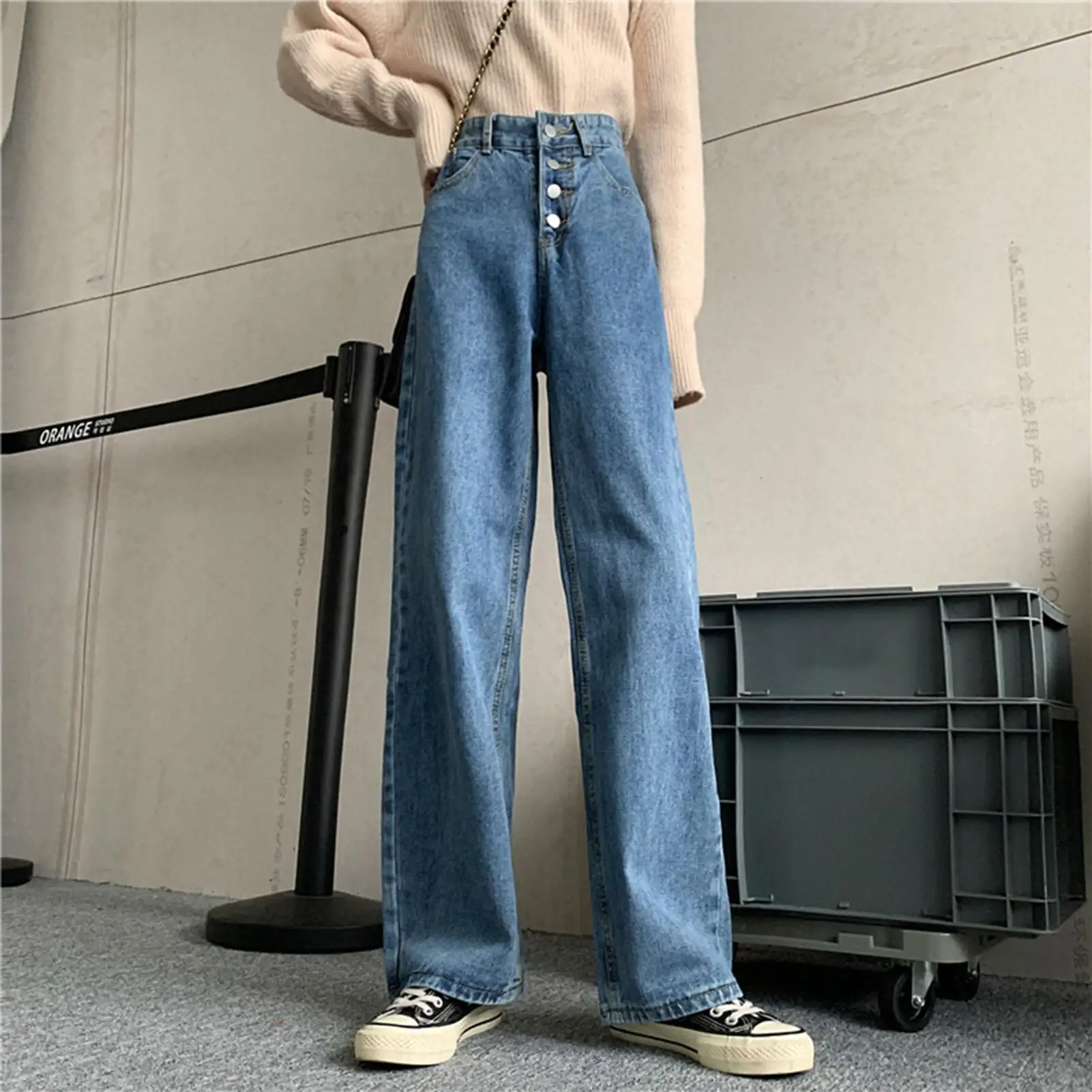 

Casual Women High Waist Button Wide Leg Trousers Pockets Solid Color Pants Jeans