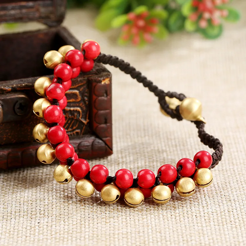 Этнический браслет для женщин, очаровательный браслет, медный цветок, желтый камень, бусинки-колокольчики, цепочка, винтажное ювелирное изделие, мода - Окраска металла: RED