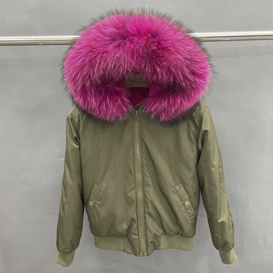 Jacket Women Green Winter Bomber Jacket With Real Raccoon Fur Collar  Streetwear Thick Fur Lined Parka Coat Women Pink Fur