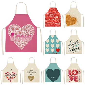

1Pcs Love Heart Pattern Cleaning Colorful Aprons Home Cooking Kitchen Apron Cook Wear Cotton Linen Adult Bibs 53*65cm WQL0207