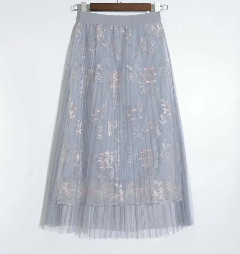 Газовая плиссированная юбка кружевные вышитые цветы юбка 8356