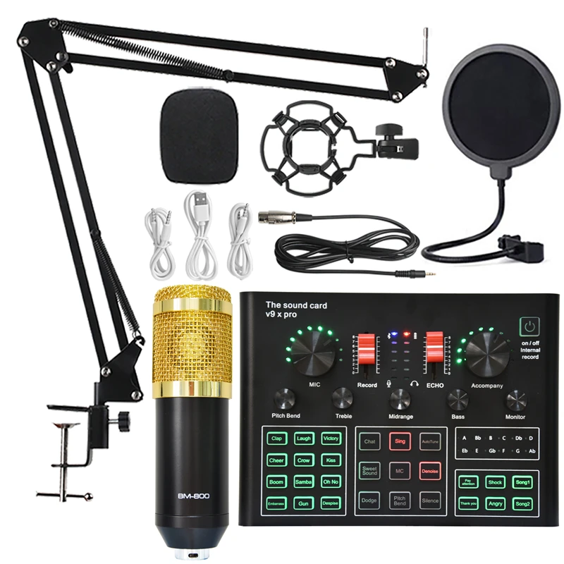 BM 800 Condenser Microphone Sound Card V9XPRO with Ring Fill Light Cantilever Bracket Bluetooth Wireless Live Streaming Kit MIC 