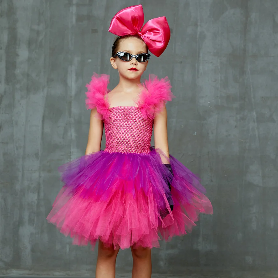 Kids Punk Rock Tutu Dress with Big Bows and Glasses Baby Girls Rockers Queen Halloween Costume Handmade Kids Tiered Party Dress (7)