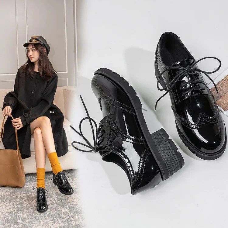 

Bullock Patent Leather WOMEN'S Shoes Pq2-1c Spring New Style 2020 Small Leather Shoes British Style Retro Korean-style Thick Bot